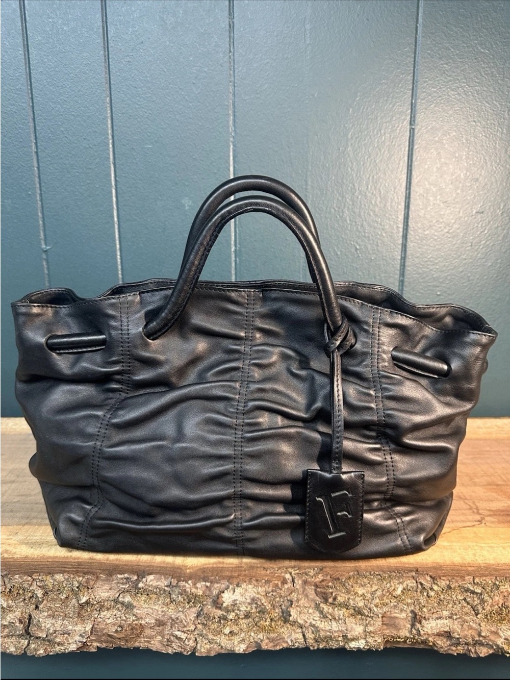 Furla Black Leather Ruched Tote Bag Shoulder Purse Made in Italy Large